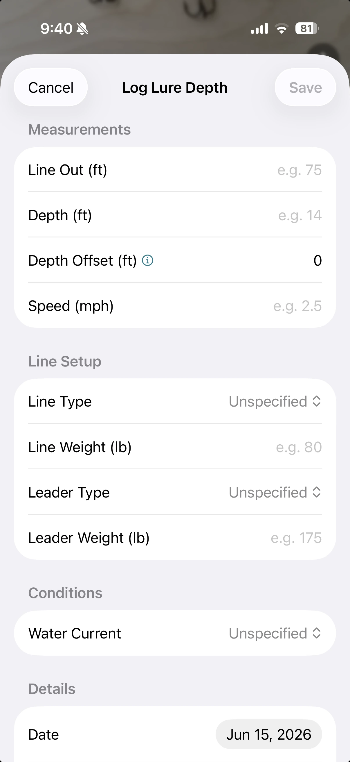 Log Lure Depth form capturing line out, depth, offset, speed, line and leader, and water current