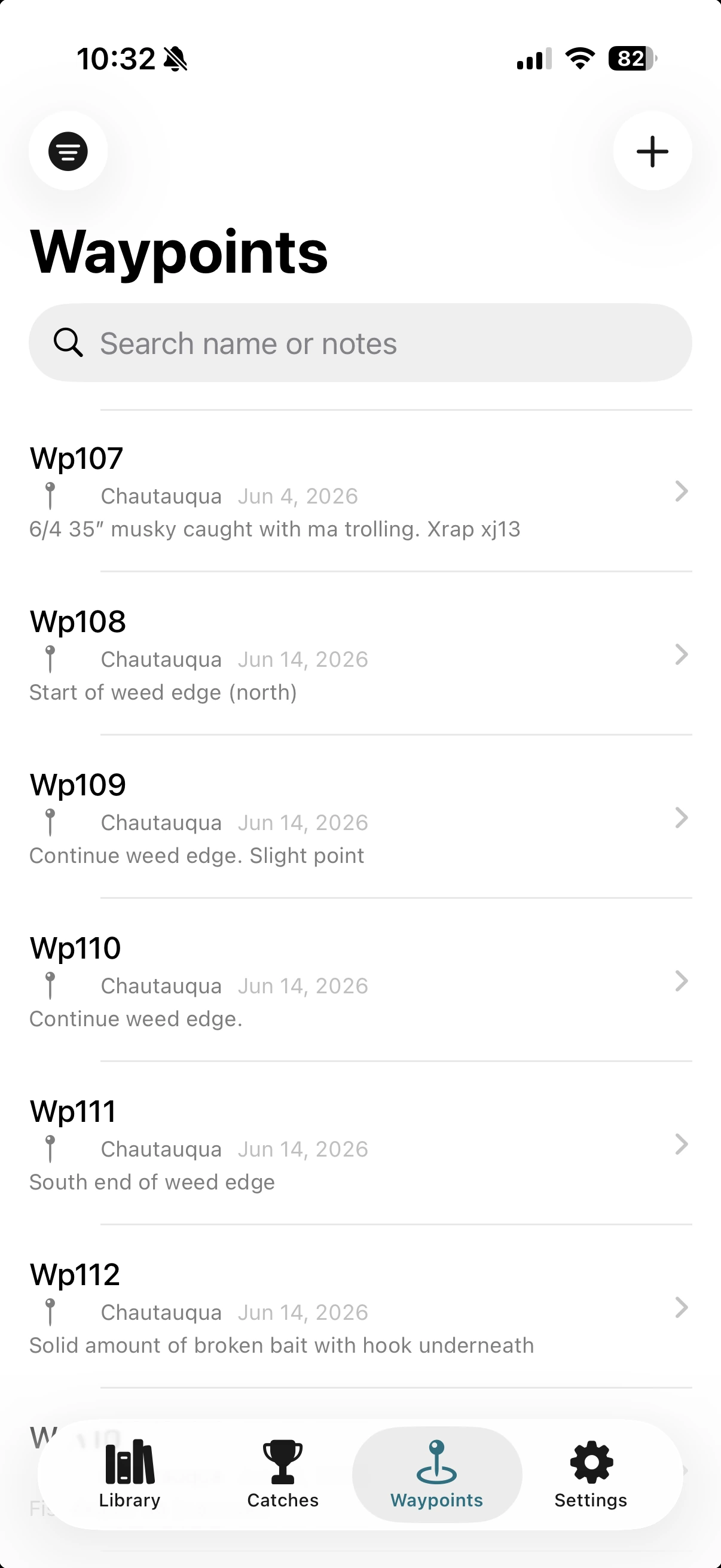 Waypoints list on Chautauqua showing notes like weed edges and a 35-inch musky caught trolling